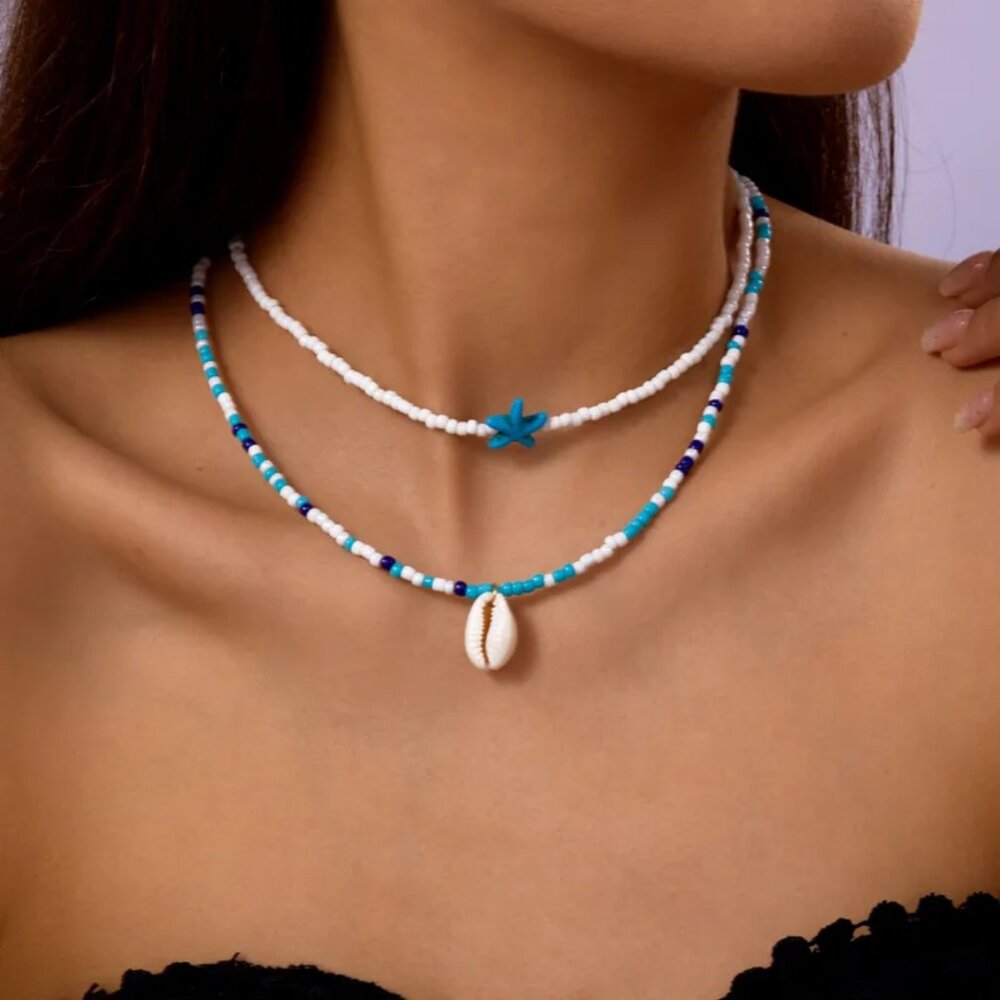 NEW Blue and White Beachy Beaded Layered Cowrie Shell Stack Necklace
